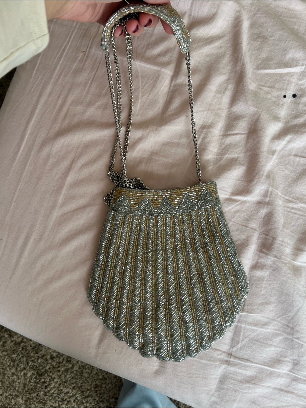 Zara Silver & Gold Beaded 🐚 Evening Clutch with Chain Strap - Picture 6 of 9